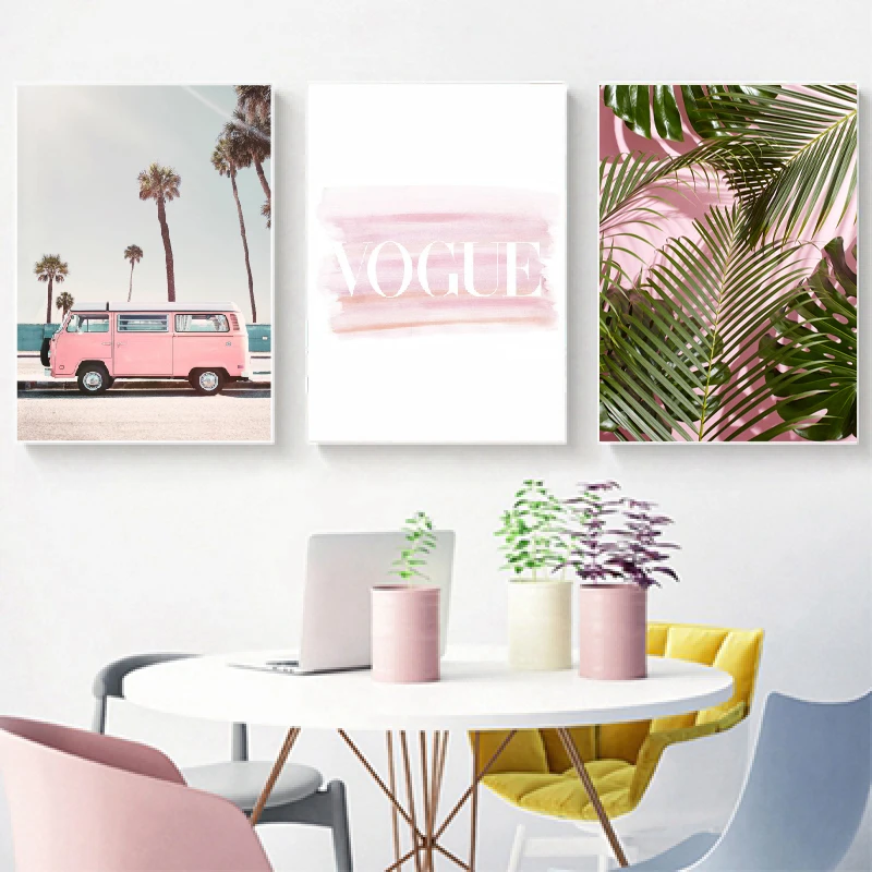 

Fashion pink palm tree canvas painting wall pictures Fashion pink fan retro posters and prints for living room home wall art dec