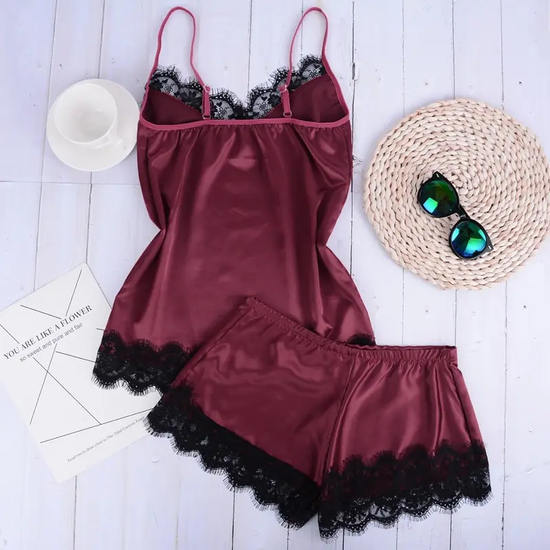 Separate 2pcs Lace Sleepwear Women Beach Dress Lingerie Night Short Sleeveless Ladies Satin Nightgown Through La Sleepwear Drop