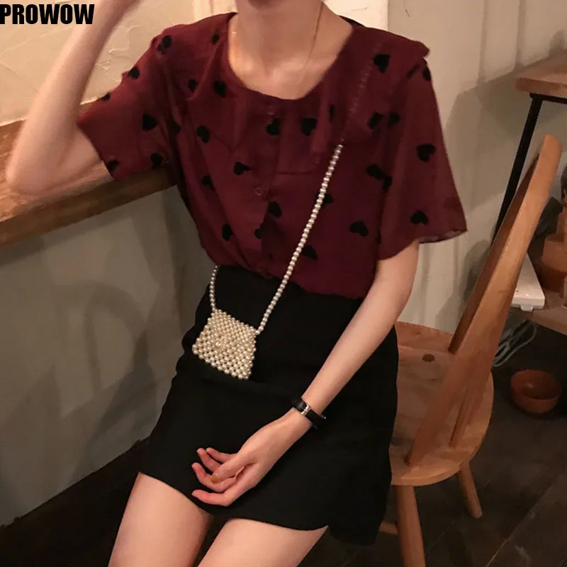 

Women Shirt Short Sleeve V-Neck Ruffle Blusas Tops 2020 Summer New Sweet Love Heart Embroidery Korean Chiffon Blouse