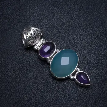 

Natural Chalcedony and Amethyst Handmade Indian 925 Sterling Silver Pendant 1 1/2" T0152