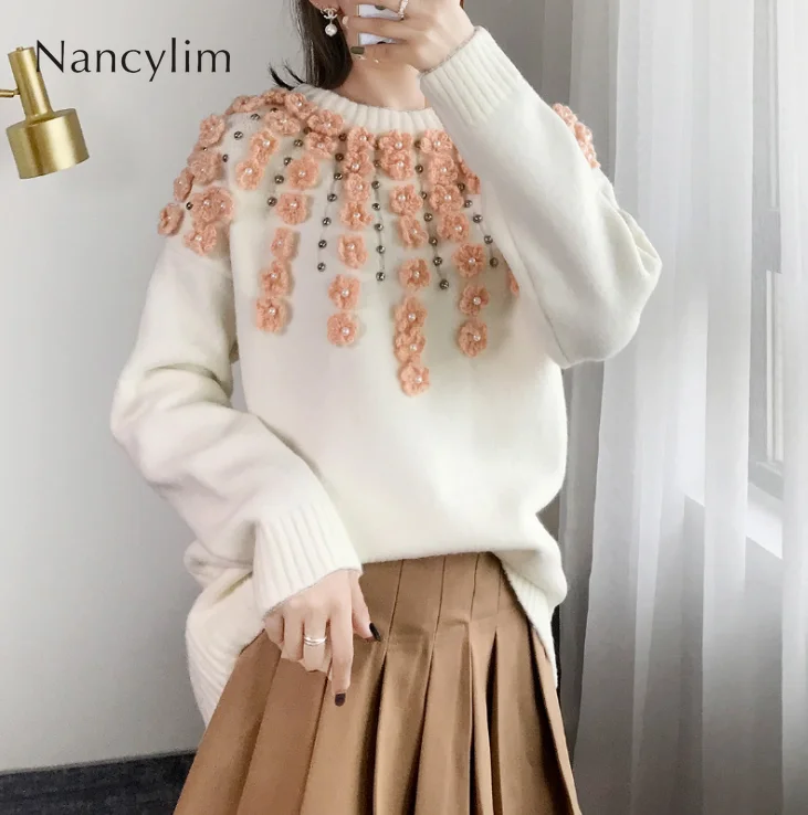 

Beaded Flower Sweater Women Fall Winter Loose Sweater Jumper Ladies Pullovers Nancylim