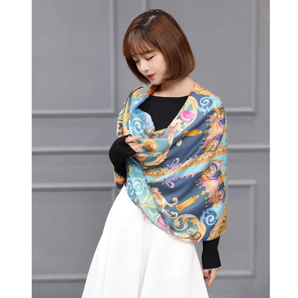 Винтажный принт шелково-шерстяной шарф Обертывания для женщин Зимний шарф-палантин шаль 120x120 см