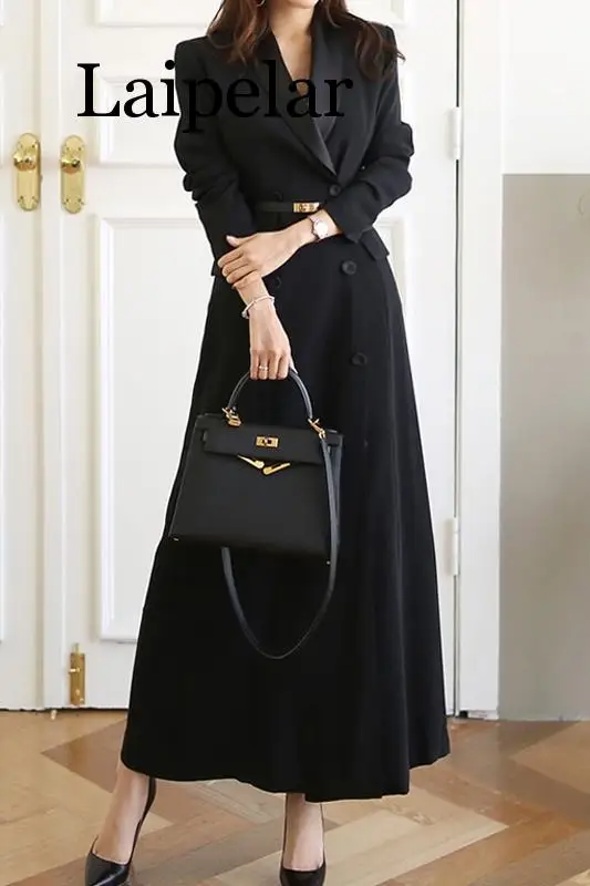 

Laipelar New Autumn Winter Office Lady Runway Designer Women Long Trench Coat Notched Collar Wrap Black Maxi Coat Outwear
