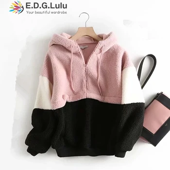 

EDGLuLu womens fleece hoodies 2019 autumn coat winter loose fleece thick knit sweatshirt female drawstring hoodie splice pink