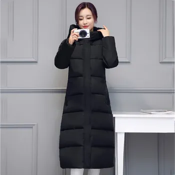 

2019 High Quality Women Stand Collar Zipper Winter Jacket Solid Pockets Long Parka Hooded With A Hat Female Coat
