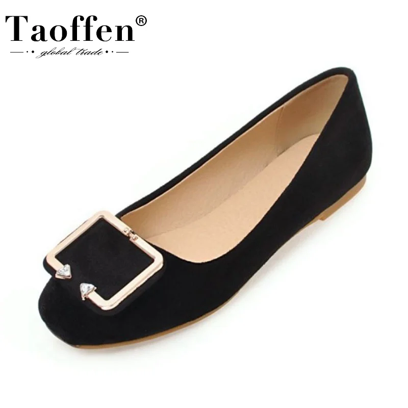 

Taoffen 4 Color Women Flats High Quality Metal Buckle Shoes Woman Spring Suede Leather Slip On Flats Female Footwear Size 34-43