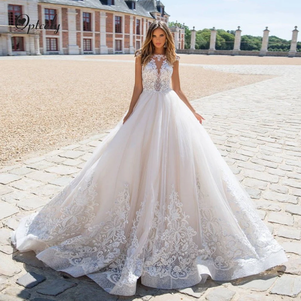 

Optcely Charming Backless Princess A-line Cap Sleeve Wedding Dress 2019 New Sweep Train Appliques Beading Dream Gowns Plus Size