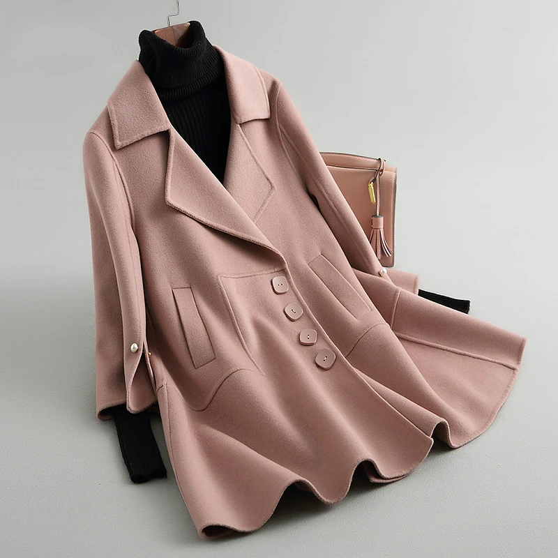 

Women's Wool 80% Coats Fashion Spring Autumn Jackets Turn-down Collar Cloak Winter Coat Women manteau femme 38055 YQ1425