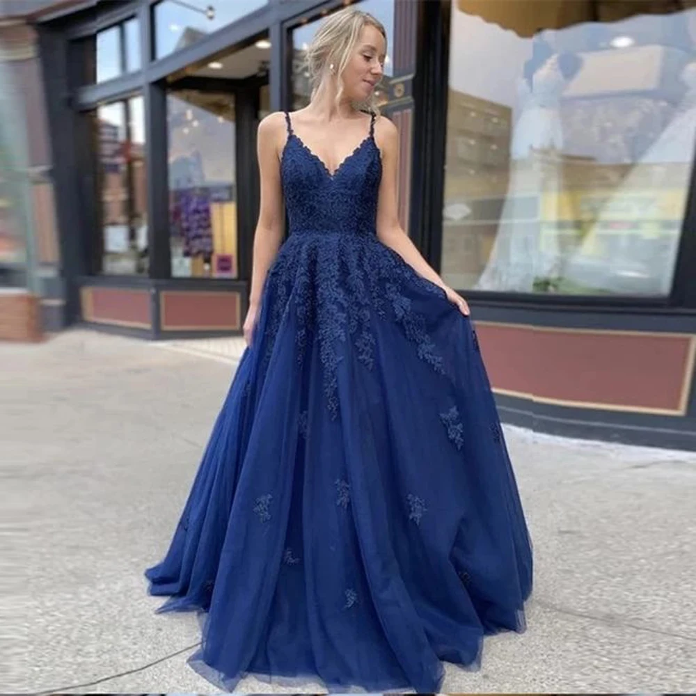 

BEPEITHY Lace Evening Dress Long Luxury 2020 Party A Line V Neck Navy Blue Prom Gown For Women Sleeveless Lace-Up Back