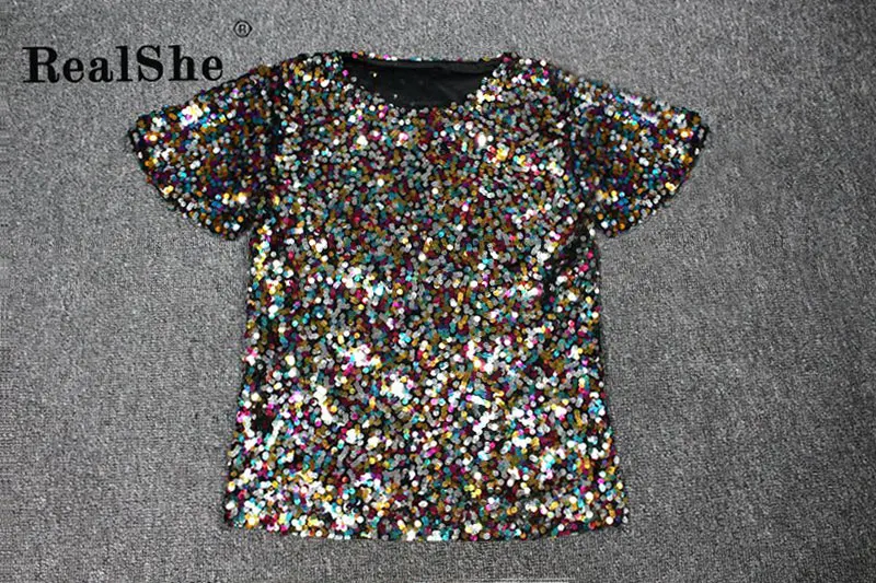 RealShe Tshirt Women O-Neck Short Sleeve Sequins T Shirt Women Summer Casual Elegant T-shirt Femme Fashion Women's T-shirts