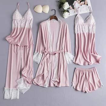 

Smmoloa New Sexy Silk Satin Pajamas Set 5 Piece Women Striped Sleepwear Pyjamas
