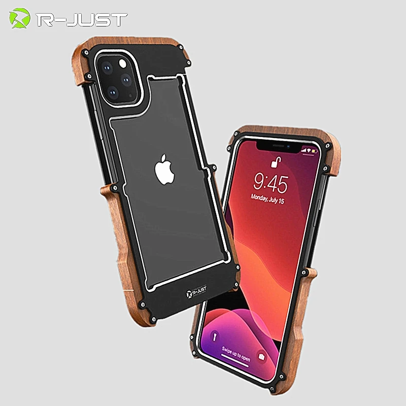 

R-JUST Violin Design Series Wood Bumper Metal Case Frame Phone Case For iPhone 11/11 Pro Max