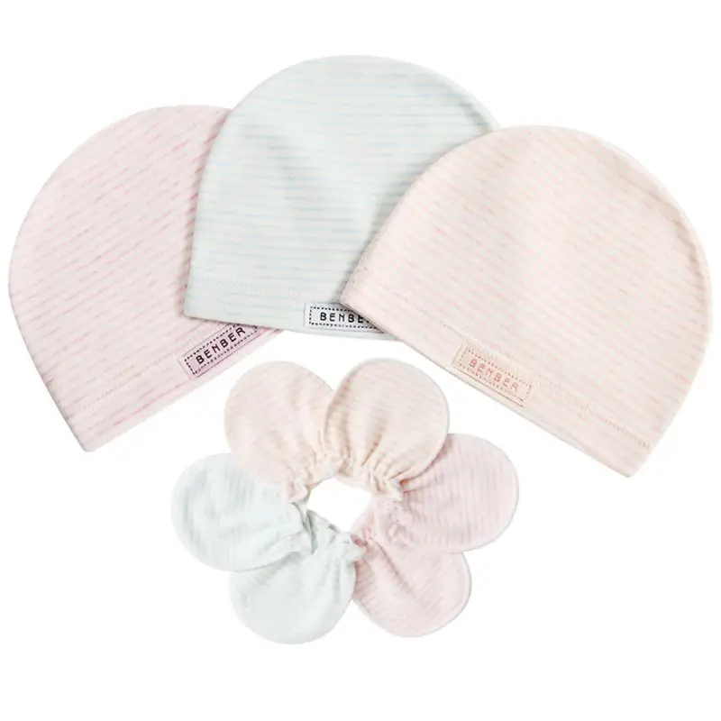 

1 Set Newborn Baby Hat Gloves Set Soft Cotton Stripe Cap Anti Scratch Mittens Infants Warmer Wear Supplies