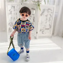 Коллекция года, летняя детская рубашка новая стильная модная футболка с короткими рукавами в Корейском стиле с рисунком котенка из мультфильма для маленьких мальчиков