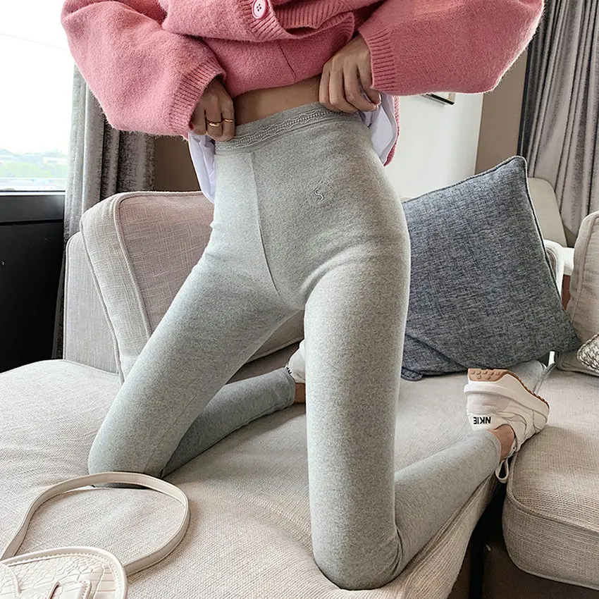 

Women Black Light Gray Slim Fit Leggings Autumn Spring Soft Elastic Fabric Embroidery High Waist Basic Bottomimg Pant Female
