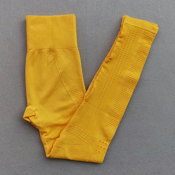 2 шт., спортивный комплект для йоги, женская одежда для тренировок, безупречная трикотажная одежда с длинным рукавом, полый сетчатый компрессионный укороченный топ, бесшовные Леггинсы для йоги - Цвет: Yellow pants