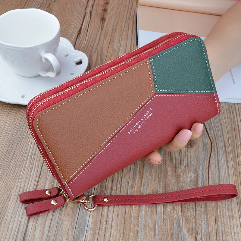 

2020 new double zipper hand wallet ladies long stitching contrast color large capacity double wallet mobile phone small bag