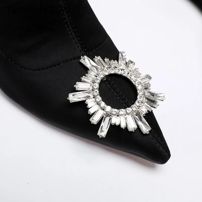 Crystal Buckle Booties Woman Shoes Black Red Knitting Stretch Runway Fashion Autumn Women's ankle boots High Heels