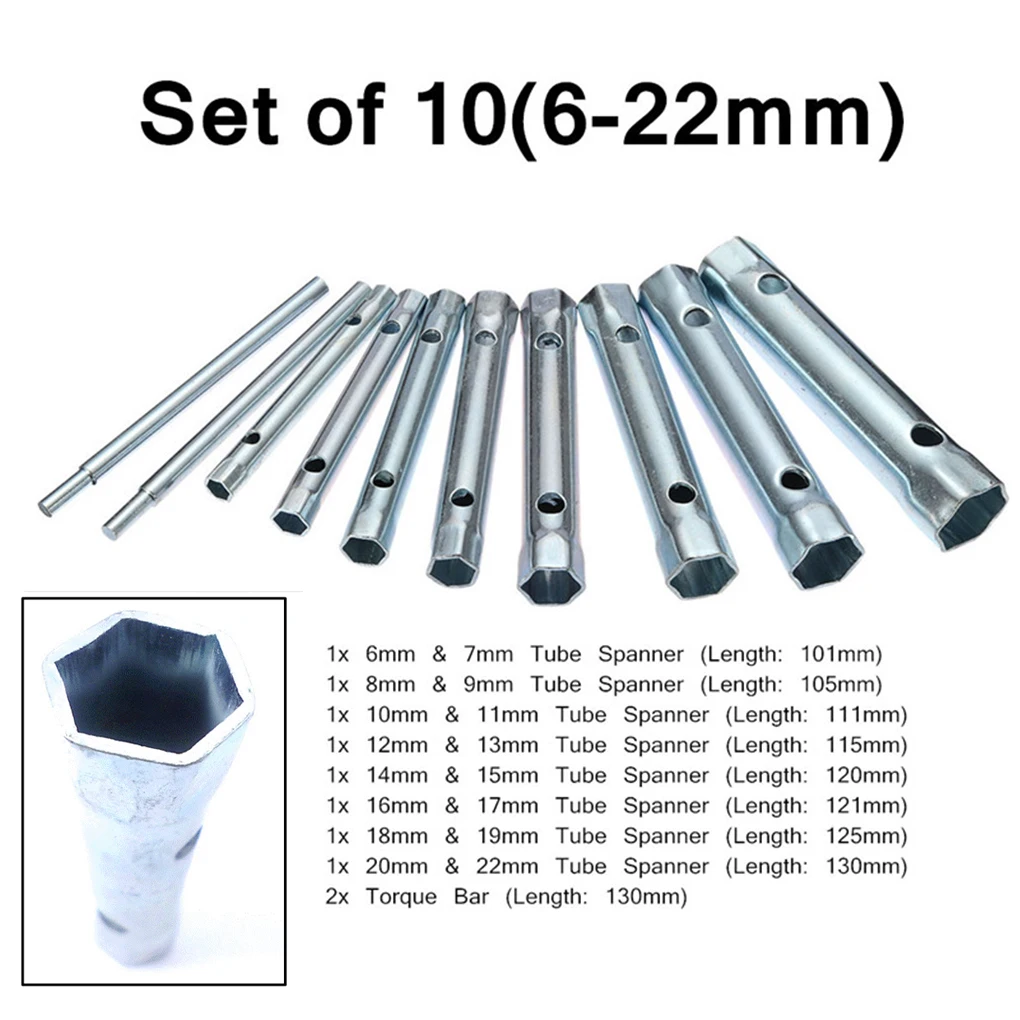 6PC10PCMetricTubularBoxTubeBarSparkPlugSpannerSteelDouble