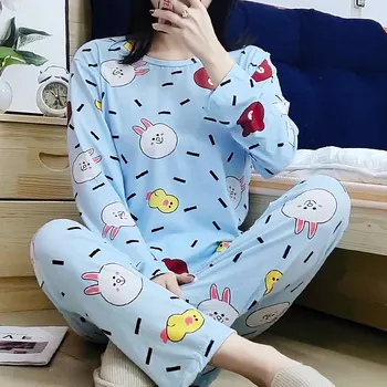 

Autumn Winter 2 Pieces Set 100% Cotton Purecotton Women Pajamas Print Long Sleeve Top Elastic Waist Pants Full Lounge Sleepwear
