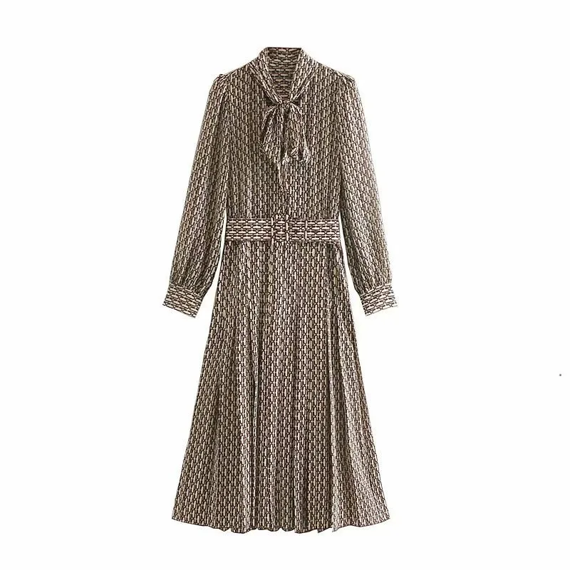 

Women Elegant Long Dress With Belt Chain Print Bow Tie Neck Office Lady Shirt Dress Puff Long Sleeve Pleated Dress Vestidos