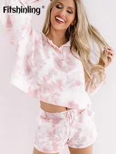 

Fitshinling Tie Dye Sleepwear Drawstring Set Woman 2 Pieces Long Sleeve Casual Women Nightwear Shorts Button Nightwear Home Wear