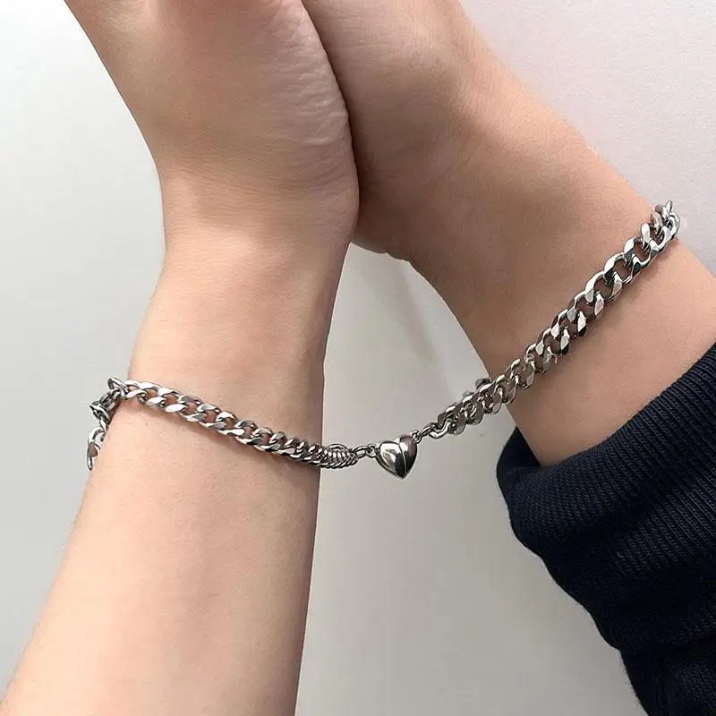 2Pcs Punk Silver Color Chain Couple Bracelet for Women Stainless Steel Romantic Magnet Men Paired Things Fashion Jewelry | Украшения и
