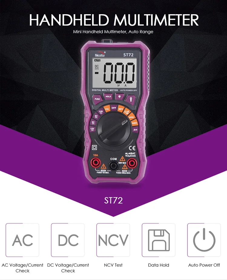 Nicetymeter ST72 ЖК-дисплей Цифровой мультиметр Авто Диапазон батареи тест портативный автомобильный тестер с подсветкой NCV светодиодная вспышка DIY