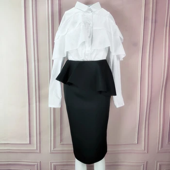 

2 Pieces Sets Women Pencil Skirts White Blouses Shirt Tops Ruffles Female Suits Elegant Officewear Slim Jupes Lady Work Fashion