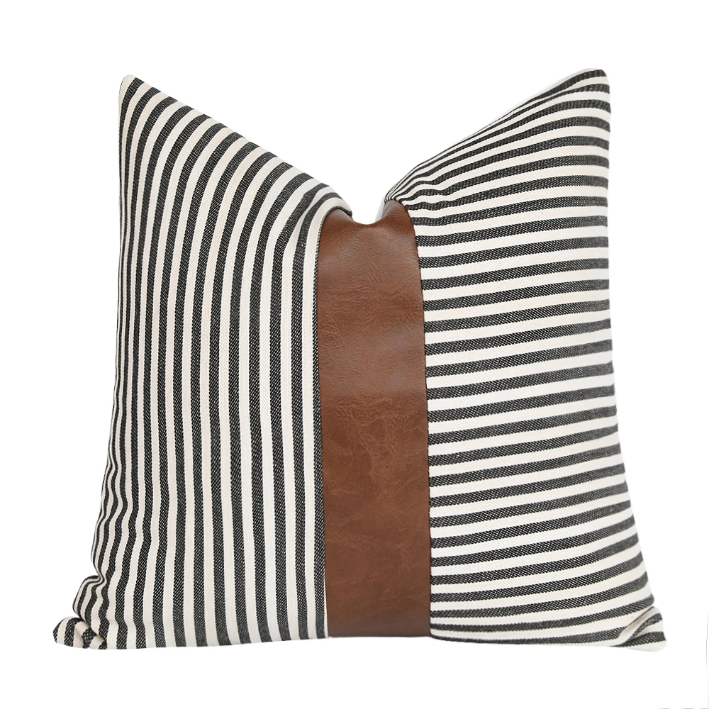 striped pillow cover with faux leather accent/ stitched select collection/Modren Look Decorative Farmhouse Cushion Cover | Дом и сад