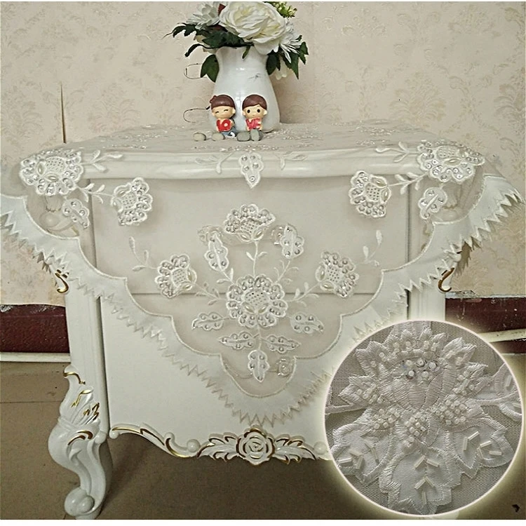 

Exquisite Pastoral Lace Trim Embroidered Beads Flowers Square Tablecloth Bedside Tables Refrigerator TV Dust Cover Cloth Tapete