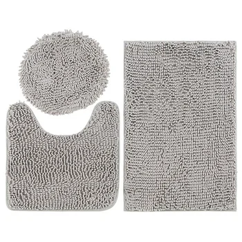 

3 Pcs Set Bathroom Anti-Slip Mat Toilet Seat Cover Absorbent Chenille Bath Rug Contour Mat Solid Lid Cover Non-Slip With Rubber