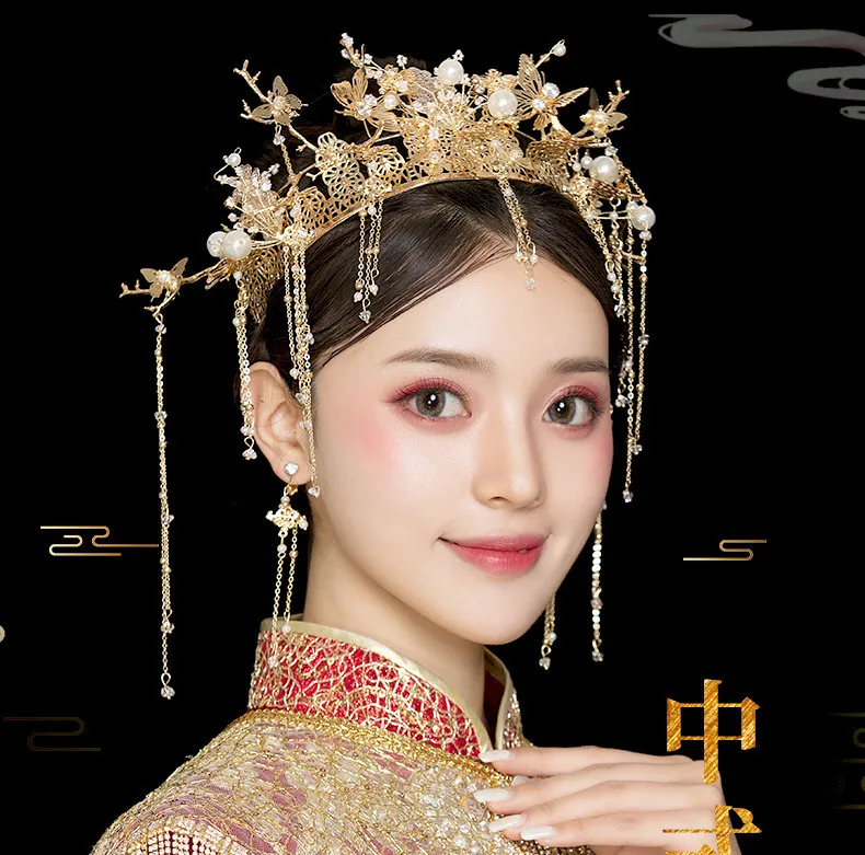 Accessoires Haaraccessoires Haarspelden Chinese Bride Tiara Antique Headdress Tassel Crystal Wedding Hair Accessories 