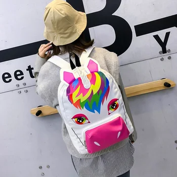 

1PC Cartoon Unicorn Girls Backpack With Ear Horn White Funny Animal Printed Children School Bag Women Travel Double Shoulder Bag
