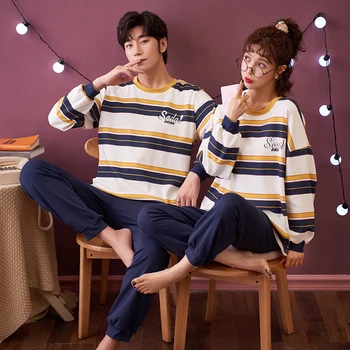

Fashion Casual Couple Pajama Set Cotton Pijamas Long Sleeve + Pants Sleepwear His-and-her Home Suit Pyjama For Lover Man Woman
