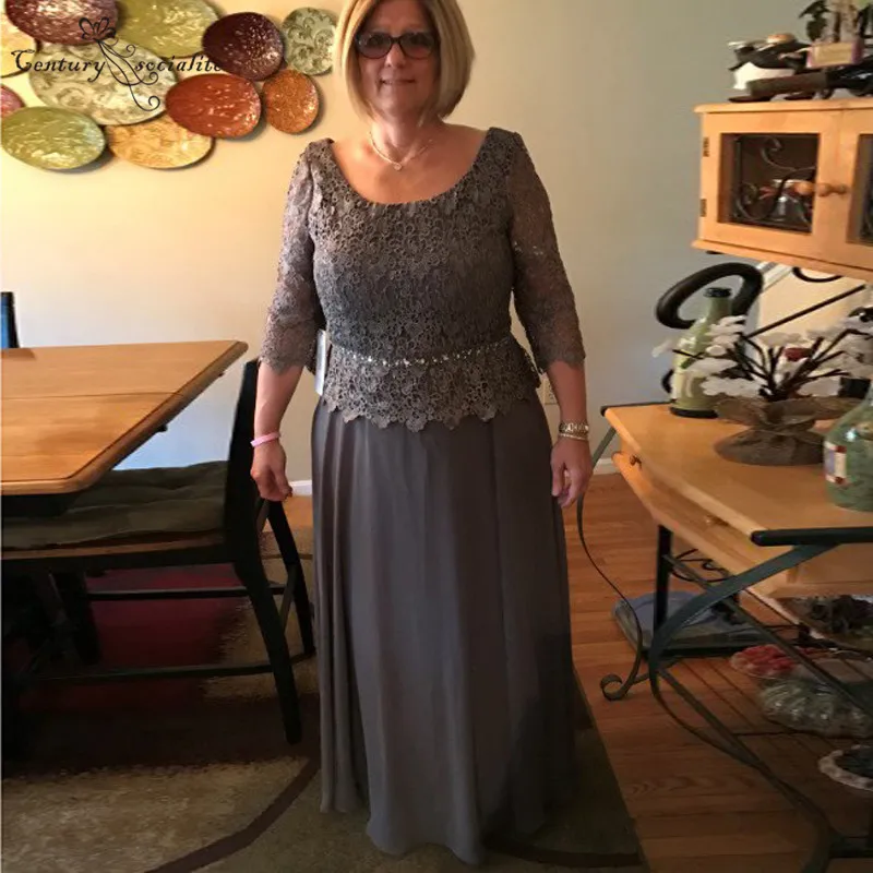 Donkergrijs Plus Size Moeder van de Bruid Jurken Kant Chiffon 3/4 Lange Mouwen Bruiloft Gast Jurk Moeder Avondjurken goedkope Donkergrijs Plus Size Moeder van de Bruid Jurken Kant Chiffon 3/4 Lange Mouwen Bruiloft Gast Jurk Moeder Avondjurken goedkope
