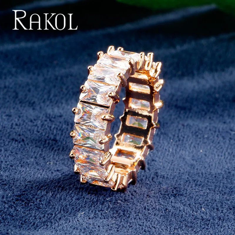 Gold Color RAKOL New Luxury Charm AAA Baguette Cubic Zirconia Wedding Rings for Women Fashion Cz Crystal Ring Party Wedding Jewelry RR21197 - Цвет основного камня: Gold Color