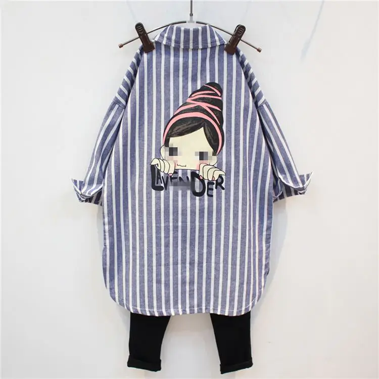 Г., осенняя одежда новая стильная рубашка для девочек Рубашка в Корейском стиле средней длины в Вертикальную Полоску, с короткими рукавами спереди, zhang fan ling, INS