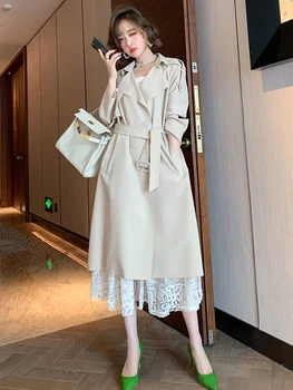 

Large lapel double-breasted mid-length trench coat + sling waist lace skirt two-piece female 2020 autumn new