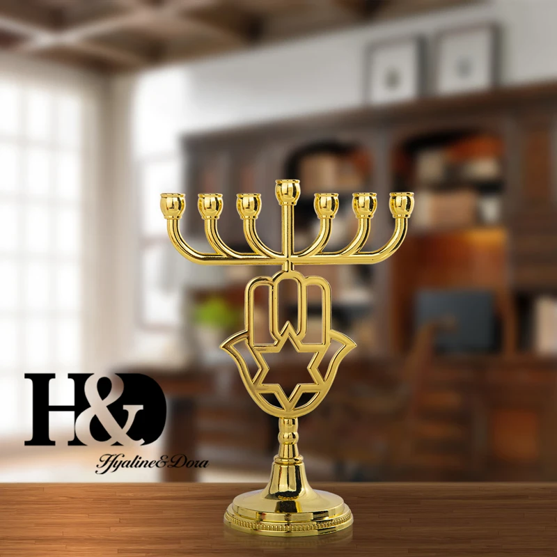 H& D золото Хамса эмаль Menorah Подсвечник 7 веток Израиль Латунь Медные палочки для дома свадебный обеденный, журнальный столик декоративный