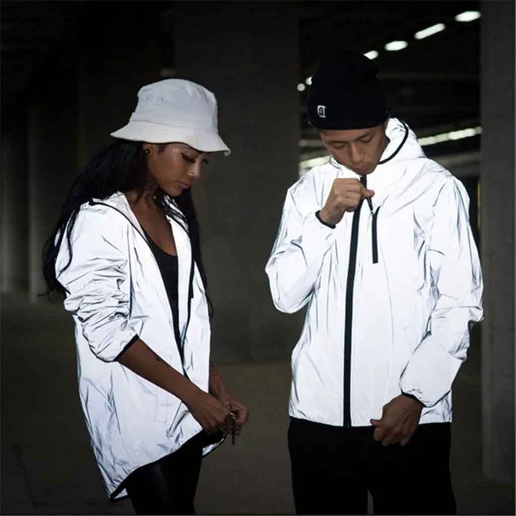 buy Unisex Couple Reflective Jacket Harajuku Windbreaker Jackets Men's Hooded Zipper Jacket Coat Female