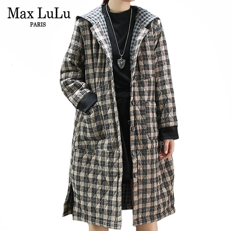 Max LuLu модные корейские женские панк уличная Женская клетчатая Длинная зимняя куртка негабаритная парка с капюшоном винтажные теплые стеганые пальто