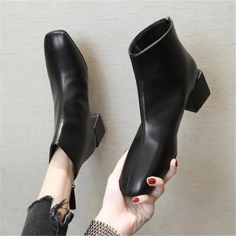 

Женские полуботинки со шнуровкой, коричневые кожаные ботинки стрейч на квадратном каблуке, шикарные дизайнерские ботинки в Корейском стиле на молнии, 2020