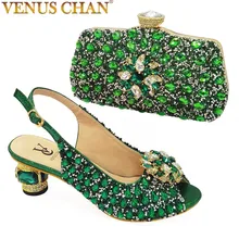 Green color rhinestone shoes with bags Set High Heel Ladies Shoes and Bag Set Handmade styling Women Party Shoes and Bag