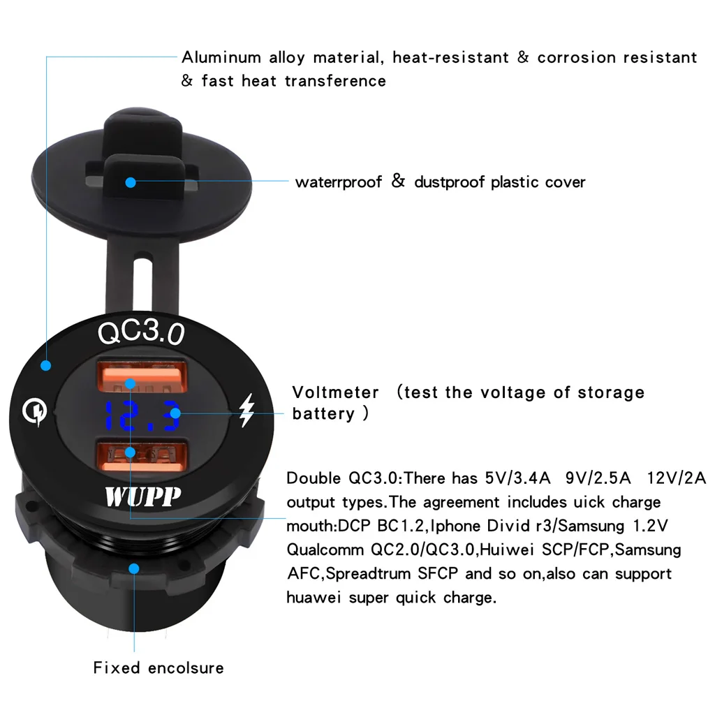 Двойной QC3.0 USB быстрое зарядное устройство 12 В/24 В алюминиевый водонепроницаемый адаптер питания с светодиодный вольтметр для автомобиля МОРСКОЙ лодочный мотор