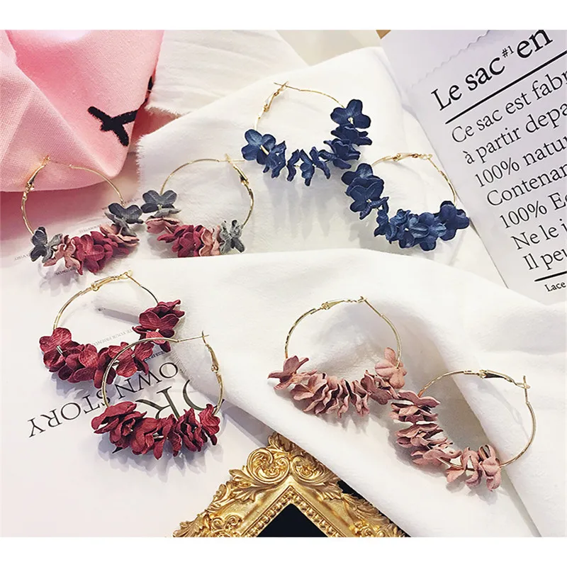 

Colorful Cloth Flowers Drop Earrings Romantic Red Fabric Petals Big Circle Hoop Earrings for Women Fashion Jewelry Wholesale