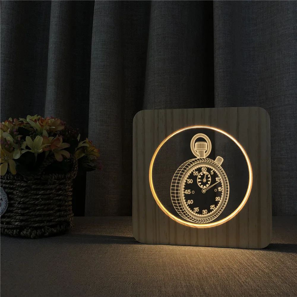 

Pocket Watch 3D LED Arylic Wooden Night Lamp Table Light Switch Control Carving Lamp for Children's Room Holiday Gifts