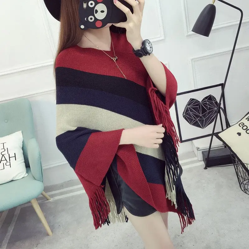 

Korean fashion stripe women cape femme poncho pullover causal shawl winter knitted capes autumn outerwear knitting cloak 2019