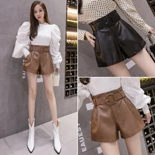 Calções de couro moda feminina cintura alta perna larga falso pu shorts com cinto 2021 primavera outono estilo coreano biker booty shorts