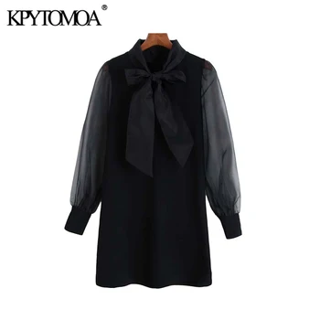 

Vintage Elegant Organza Patchwork Blouses Women 2020 Fashion Bow Tie Collar Long Sleeve Female Dresses Chic Vestidos Mujer